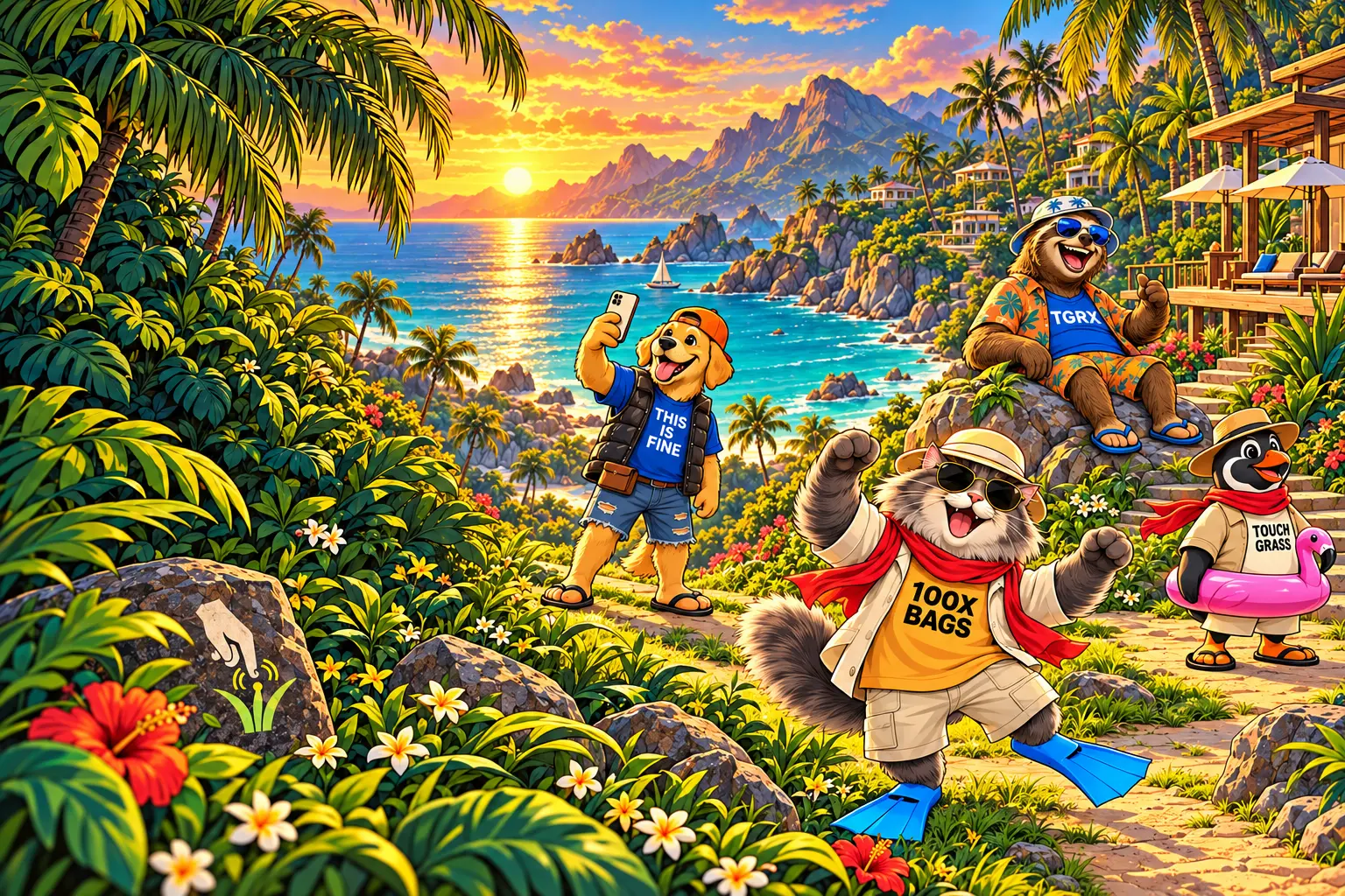 The cartoon TGRX crew overlooking a tropical sunset — a golden retriever taking a selfie, a dancing cat, a lounging sloth, and a penguin with a flamingo floatie.